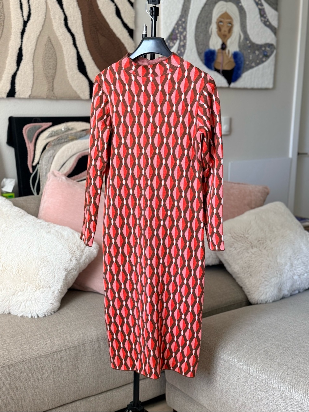 Nina Leonard Coral, Brown and Cream Geometric Midi Knit Dress